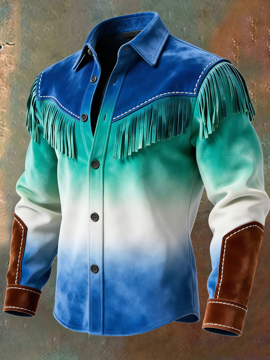 Men's Gradation Art Western Style Print Vintage Tassel Casual Long Sleeve Shirt